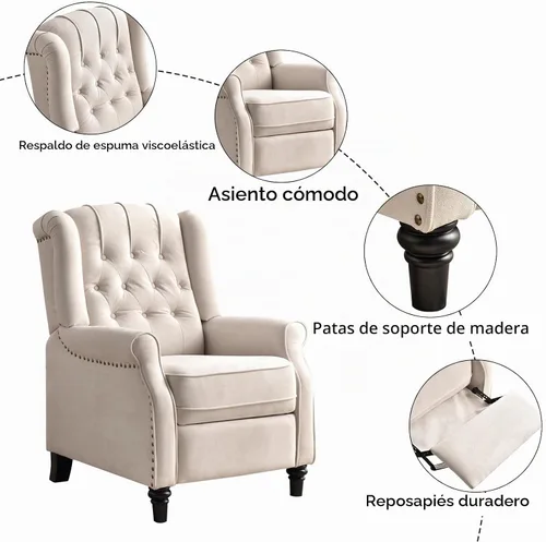 Vista 4 de 2 Sillas Reclinables Pushback, Sillones de Tela con Respaldo Reclinable y Decoración de Remaches, Sofá Individual Silla de Acento para Sala de Beige