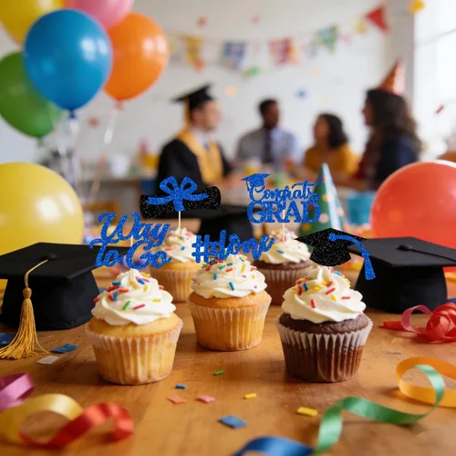 Vista 7 de Decoraciones de graduación 2026 azul, adornos para cupcakes de graduación 2026 azul y negro, suministros de decoración para cupcakes clase de 2026