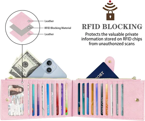 Vista 2 de Billetera de gran capacidad con bloqueo RFID para mujer, organizador multitarjetas, billetera plegable para mujer con bolsillo con cremallera