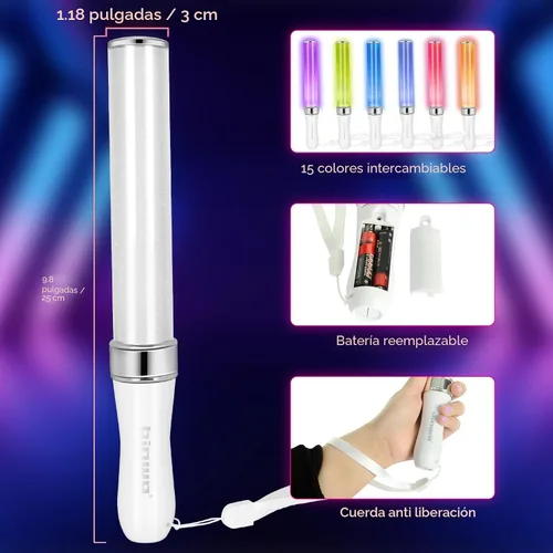 Vista 4 de Varillas incandescentes LED reutilizables (paquete de 2) con 15 modos multicolor, manual y automático, equipados con barras LED alimentadas por