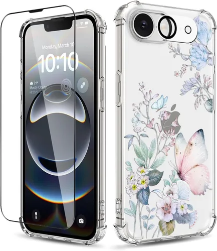 Vista 37 de Funda para iPhone 14, [3 en 1] con protector de pantalla y protector de lente de cámara, diseño de patrón de flores, transparente, suave, a prueba