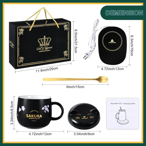 Vista 5 de Honeydak Juego de tazas de café, calentador de tazas de gato lindo para mujeres, calentadores de café con calefacción para mamá, oficina en casa