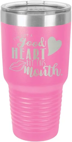 Vista 18 de Taza de viaje de acero con recubrimiento de polvo grabado por láser, con texto en inglés "IVE GOT A GOOD HEART BUT THIS MOUTH Engraved 30oz Taza