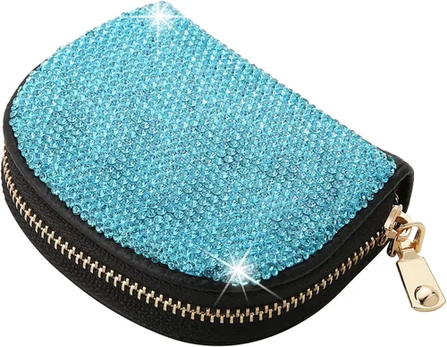 Vista 15 de AsAlways RFID Rhinestone titular de la tarjeta de crédito semicírculo multicapa cremallera caso Bling Crystal Slim pequeña cartera para mujeres