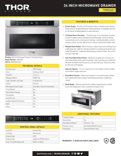 Vista 9 de THOR Kitchen Cajón profesional de microondas de 24 pulgadas - Modelo TMD2401