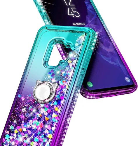 Vista 5 de NGB - Funda para teléfono Samsung Galaxy S9, color aguamarina/morado, bonita funda con purpurina líquida para mujeres y niñas, con protector