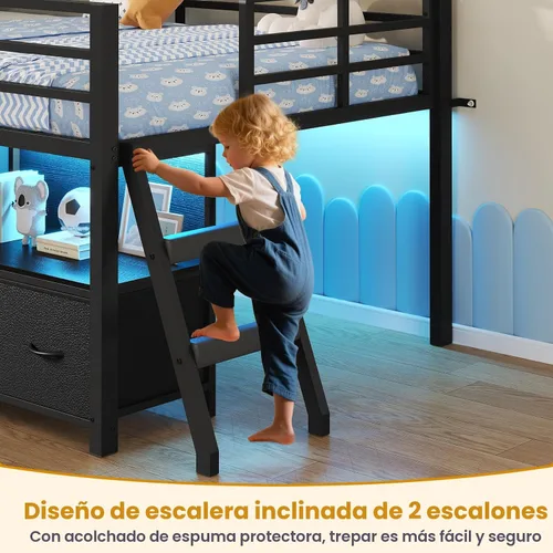 Vista 5 de ADORNEVE Cama baja tipo loft tamaño individual con 7 cajones de almacenamiento, estantería y luces LED, cama alta de metal para niños con barandilla