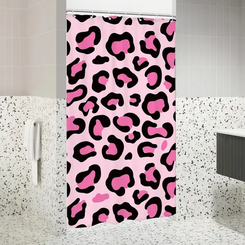 Vista 5 de Riyidecor Cortina de Ducha con Estampado de Leopardo Negro y Rosa Cabina Pequeña RV Estrecha Linda Femenina Moderna Trendy Simple Guepardo 36Wx72H