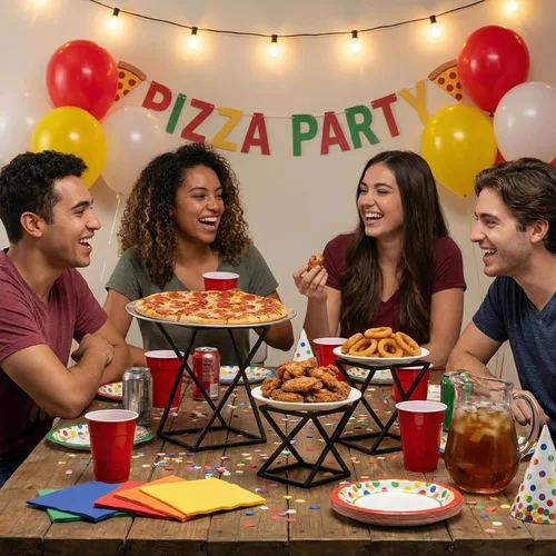 Vista 2 de MyGift Estantes para pizza, juego de 3 elevadores de alimentos para mesa de buffet, giratorios, geométricos, mate, de metal, apilables