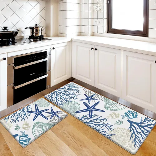 Vista 9 de SHACOS Coastal Beach - Juego de 2 tapetes de cocina antifatiga con temática de mar, conchas de estrella de mar azul, peces tropicales corales, 17 x
