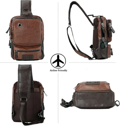 Vista 8 de AONETIGER Small Sling Crossbody Backpack Shoulder Bag Vintage PU Leather Daypack Rucksack with USB Charger bag for Men