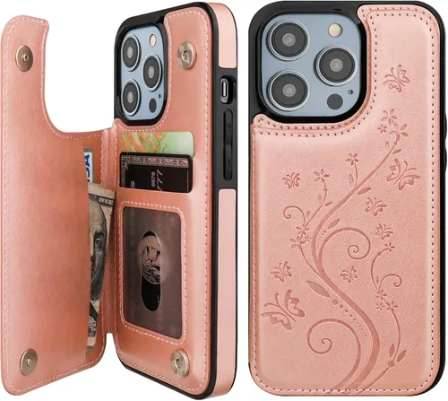 Vista 11 de Vaburs Funda compatible con iPhone 14 Pro con tarjetero y diseño de mariposa en relieve, de piel sintética, doble botón, funda protectora a prueba
