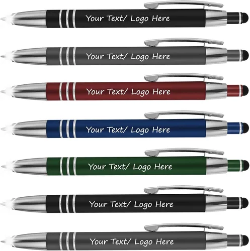 Vista 9 de Bolígrafos promocionales con tu texto personalizado o logotipo comercial personalizado, paquete de 50 - 3 en 1 bolígrafos de lujo de metal de goma +