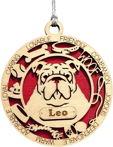Vista 215 de Adorno de Navidad personalizado para perro Cavalier King Charles Spaniel, redondo de 3 pulgadas, madera cortada con láser de 2 capas, nombre y texto
