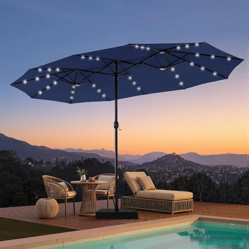 Vista 24 de PHI VILLA Sombrilla de patio grande de 15 pies con base y luces solares, paraguas rectangular de doble cara para exteriores con 36 luces LED, Beige
