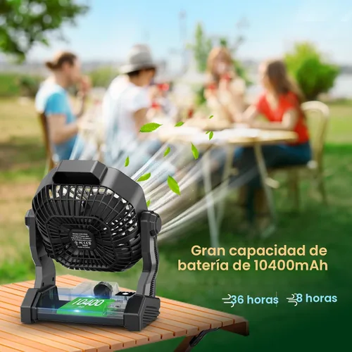 Vista 4 de JINLICTE Ventilador solar de 10400 mAh con linterna LED, ventilador de campamento con panel solar, 7 W recargable alimentado por energía solar