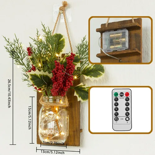 Vista 4 de PARTY JOY Juego de 2 apliques de tarro de Navidad con bayas rojas, decoración rústica de pared con control remoto para decoración navideña