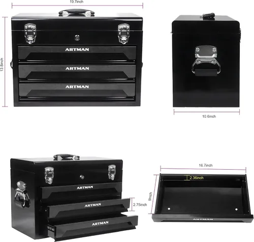 Vista 3 de pouseayar Juego de herramientas y caja de herramientas mecánicas con mango y caja de metal resistente de 3 cajones, kits de herramientas de 339 Negro