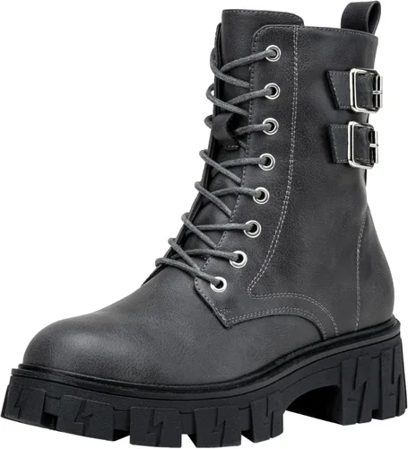 Vista 9 de Vepose Botas de combate para mujer, botines de plataforma con cordones y tacón grueso con cremallera
