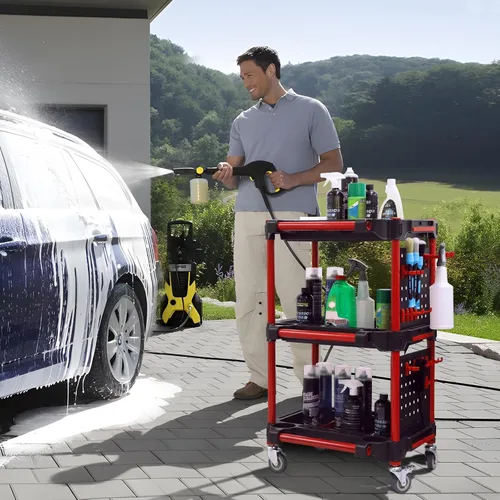 Vista 6 de Carrito de Detallado de Automóviles con Ruedas – Organizador Utilitario Móvil Resistente de 3 Niveles para Lavado de Autos y Reparaciones