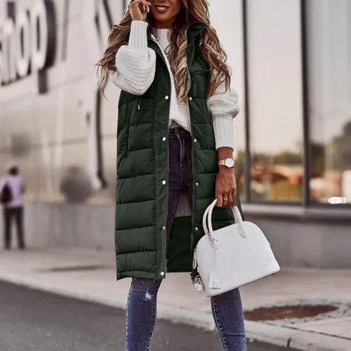 Vista 3 de Long Hooded Puffer Vest For Women Plus Size Zipper Down Jacket Coat Casual Fashion Winter Cotton Padded Long Waistcoat