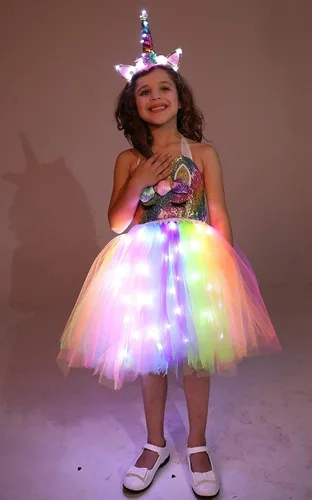 Vista 5 de Soyoekbt Girls Unicorn Costume LED Light Up Unicorn Dress Birthday Party Princess Dress for Halloween Party