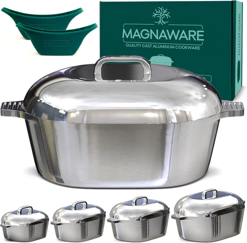 Vista 12 de MAGNAWARE Horno holandés ovalado de aluminio fundido con tapa, sartén resistente de 5 cuartos de galón con estante y cubierta de silicona con asas