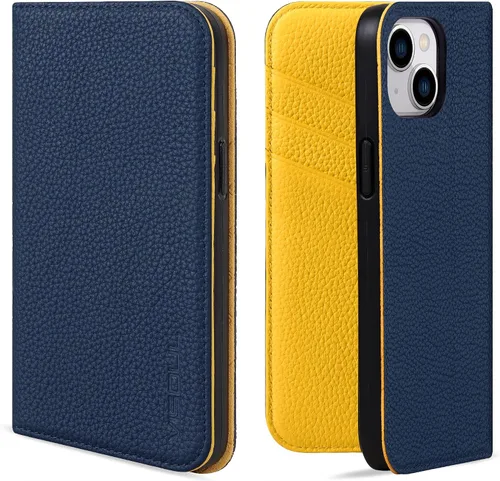 Vista 10 de VISOUL Funda tipo cartera de piel auténtica para iPhone 14, con tapa magnética, con tarjetero y función atril, compatible con iPhone 14