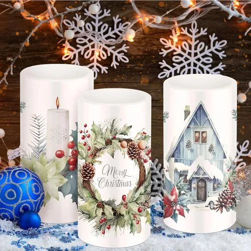 Vista 3 de Retisee 3 piezas de velas de Navidad sin llama estilo granja con control remoto, velas LED operadas a batería estilo rústico, decoración de Navidad