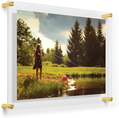 Vista 19 de Marco de fotos acrílico flotante de doble panel transparente de 8 x 10 pulgadas con herrajes dorados para mostrar arte y fotos en la pared