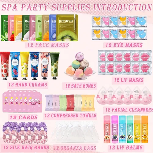 Vista 2 de 132 piezas de suministros de fiesta de spa para mujeres, recuerdos de fiesta de spa, incluye máscaras faciales, máscaras de labios, máscaras