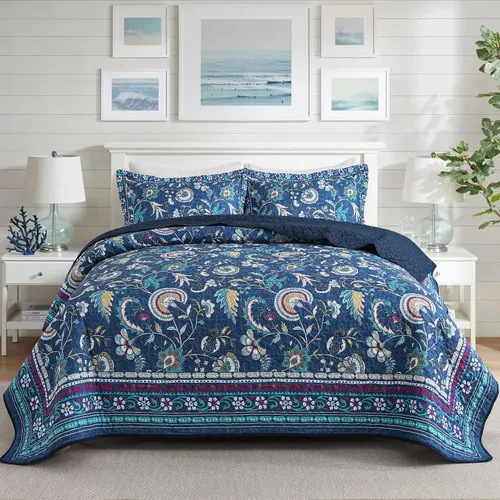 Vista 30 de NEWLAKE Juego de colchas tamaño queen, conjunto de colcha de algodón con diseño de retazos en colores azul y negro con patrones a cuadros, colcha