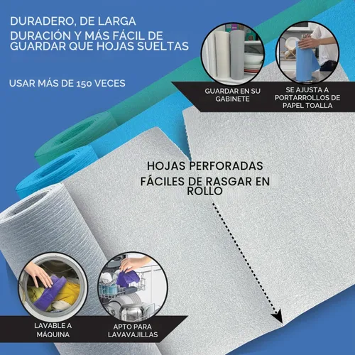 Vista 3 de Paños de cocina suecos para cocina XL, rollo de 30 hojas, biodegradables y compostables, paños de limpieza de toallas de papel reutilizables, 11 x