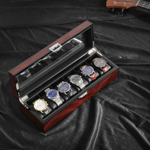 Vista 7 de IBUYKE JWB006H - Caja de reloj con almohada extraíble de 6 ranuras de madera maciza para hombre, organizador de joyas con tapa de cristal grande