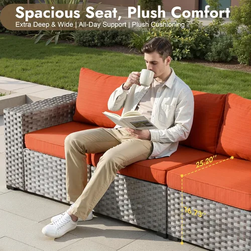 Vista 4 de Juego de muebles de patio de 6 piezas, sofá modular de mimbre para exteriores con mesa auxiliar, cómodos cojines, moderno sofá modular de ratán