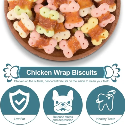 Vista 4 de Golosinas envueltas en pollo para perros, masticables sin cuero crudo, 8 onzas 30% real poultry; 60% baked core; 15% protein; easily digestible