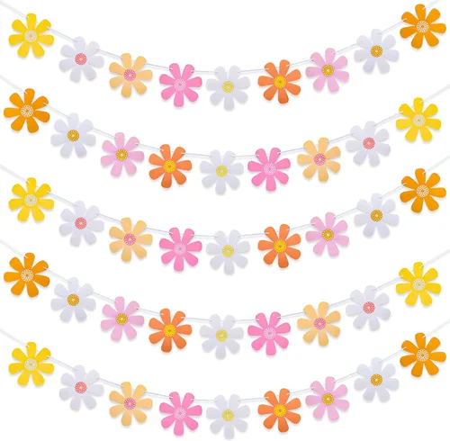 Vista 2 de Juego de 5 banderines de margaritas con diseño de margaritas bohemias, guirnaldas de papel hippie para fiesta, pancartas de flores coloridas