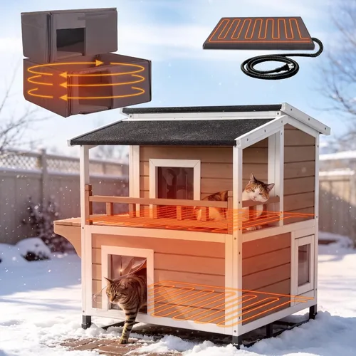 Vista 11 de GUTINNEEN Casa de Gatos al Aire Libre Resistente al Agua, Refugio para Gatos Ferales con Balcón, Refugio de Madera para Gatos Impermeable