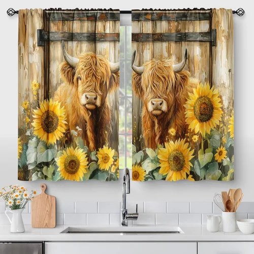 Vista 30 de Aimego - Cortinas de cocina con plantas rústicas y flores de primavera, botánicas, con hojas verdes, cortas, para cafetería, baño, con bolsillo