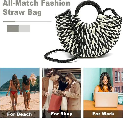 Vista 4 de QTKJ Bolso de mano de paja retro de verano para mujer tejido a mano bolso de hombro bohemio bolso cruzado con asa redonda negro Colorido negro 118x