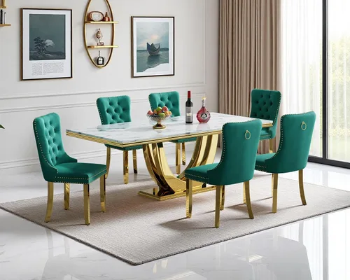 Vista 15 de SSLine Juego de mesa de comedor de mármol sintético blanco de 68 pulgadas
