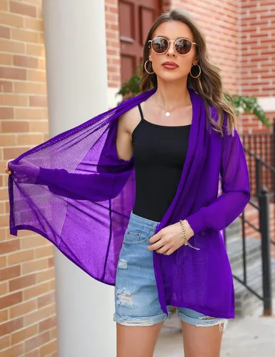 Vista 7 de Totatuit Cárdigan tipo kimono ligero de verano para mujer, de manga larga, frente abierto, suéter de punto holgado, blusa casual
