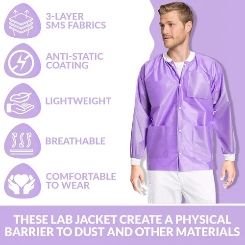 Vista 24 de Paquete de 10 chaquetas desechables de laboratorio, chaqueta médica reutilizable hasta la cadera, unisex, con puños de punto y bolsillos