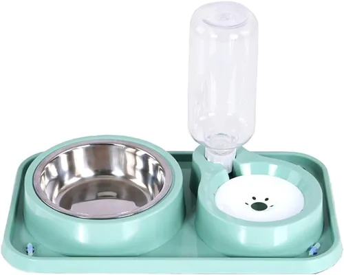 Vista 8 de Juego de cuencos antideslizantes para comida y agua para cachorros y gatos con dispensador de agua y tazón de acero inoxidable desmontable por Azul