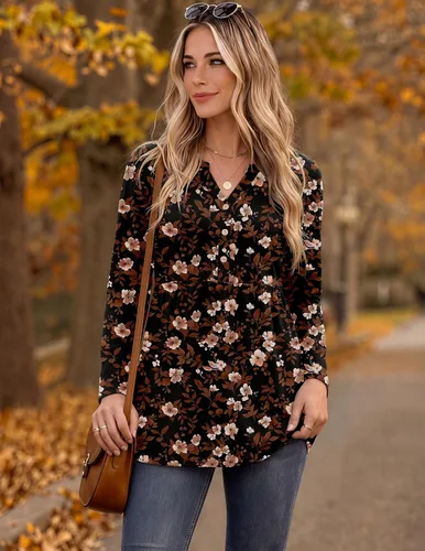 Vista 3 de Zeagoo Blusas de manga larga para mujer, estilo bohemio, cuello en V negro (Flower Black)