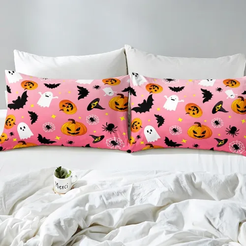 Vista 4 de Manfei Juego de sábanas de Halloween tamaño individual, juego de ropa de cama de farol de calabaza fantasmas para niños y niñas, decoración