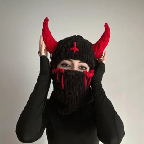 Vista 2 de Gorro de punto de crochet grueso para mujeres y niñas, divertido gorro de conejo con orejas largas con máscara y bufanda, pasamontañas térmico
