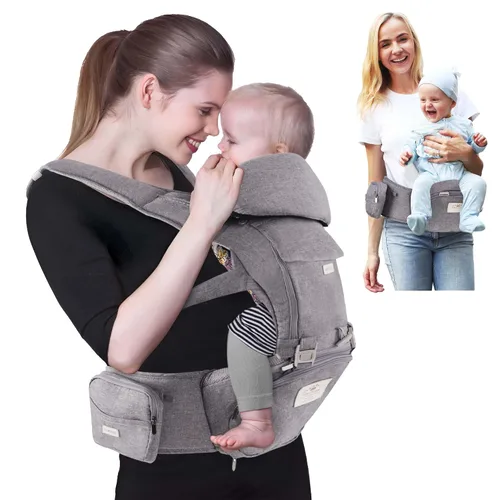 Vista 9 de FRUITEAM Portabebés 6 en 1 con taburete de cintura/asiento de cadera para lactancia materna, talla única - se adapta a recién nacidos, bebés y niños