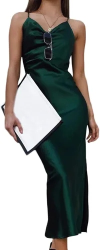 Vista 3 de xxxiticat - Vestido con tirantes delgados de satén sin mangas para cócteles playa y fiestas con cuello caído vestido de longitud media con lunares