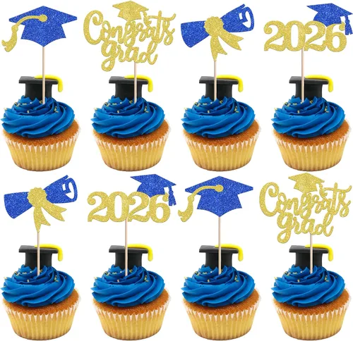 Vista 39 de 24 piezas 2026 temáticas de graduación 2026 decoraciones para cupcakes con purpurina clase de 2026 Diploma Congrats 2026 Tapa de graduación
